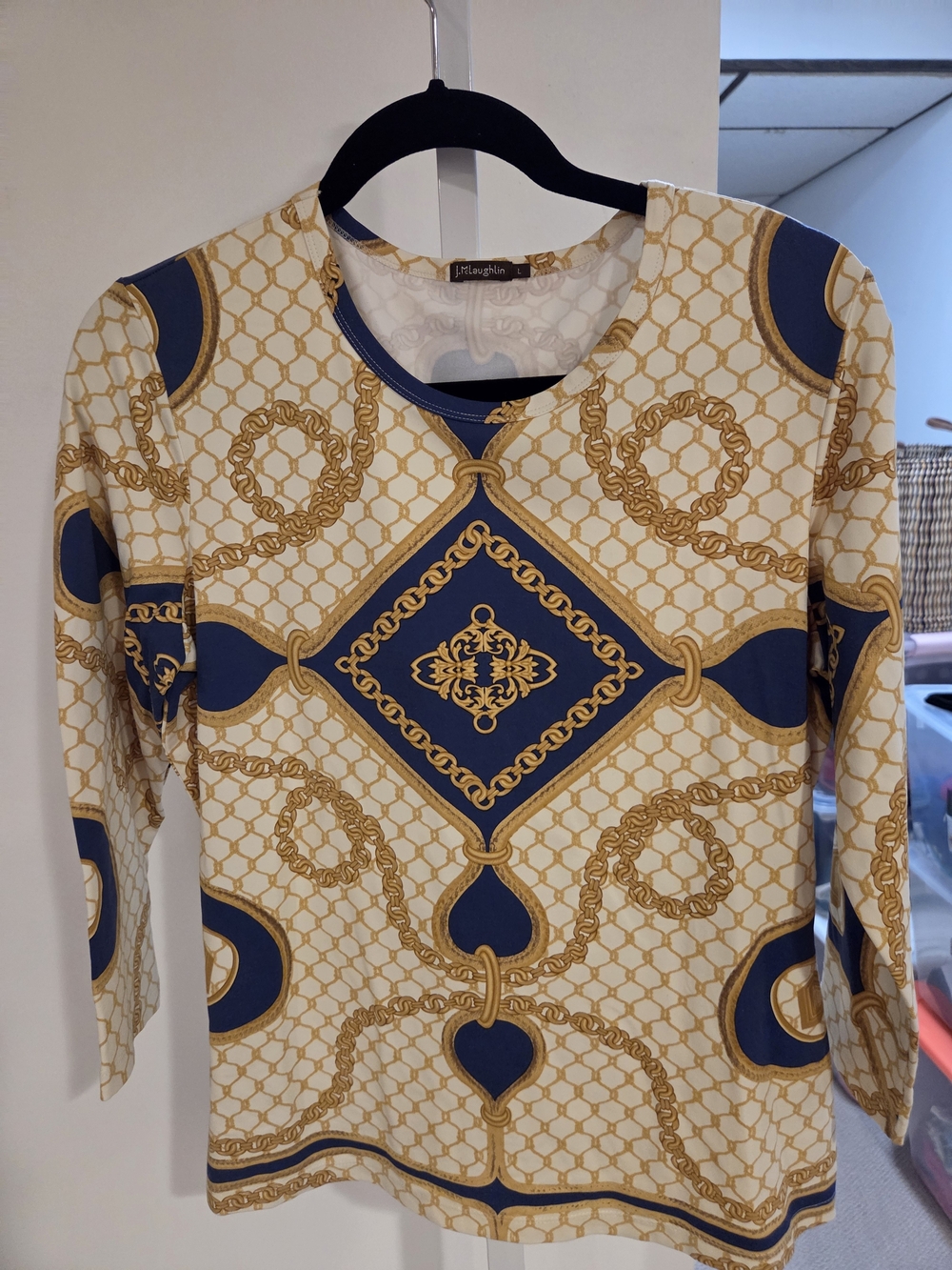 J. McLaughlin Navy & Gold Chain-Print Long Sleeve Top